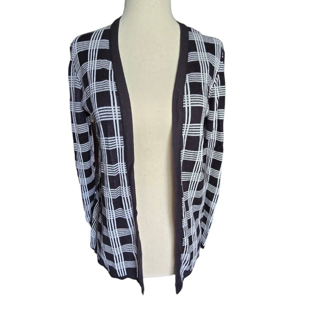 Croft and Borrow Cardigan Sweater Small Plaid Pattern Open Front Black White